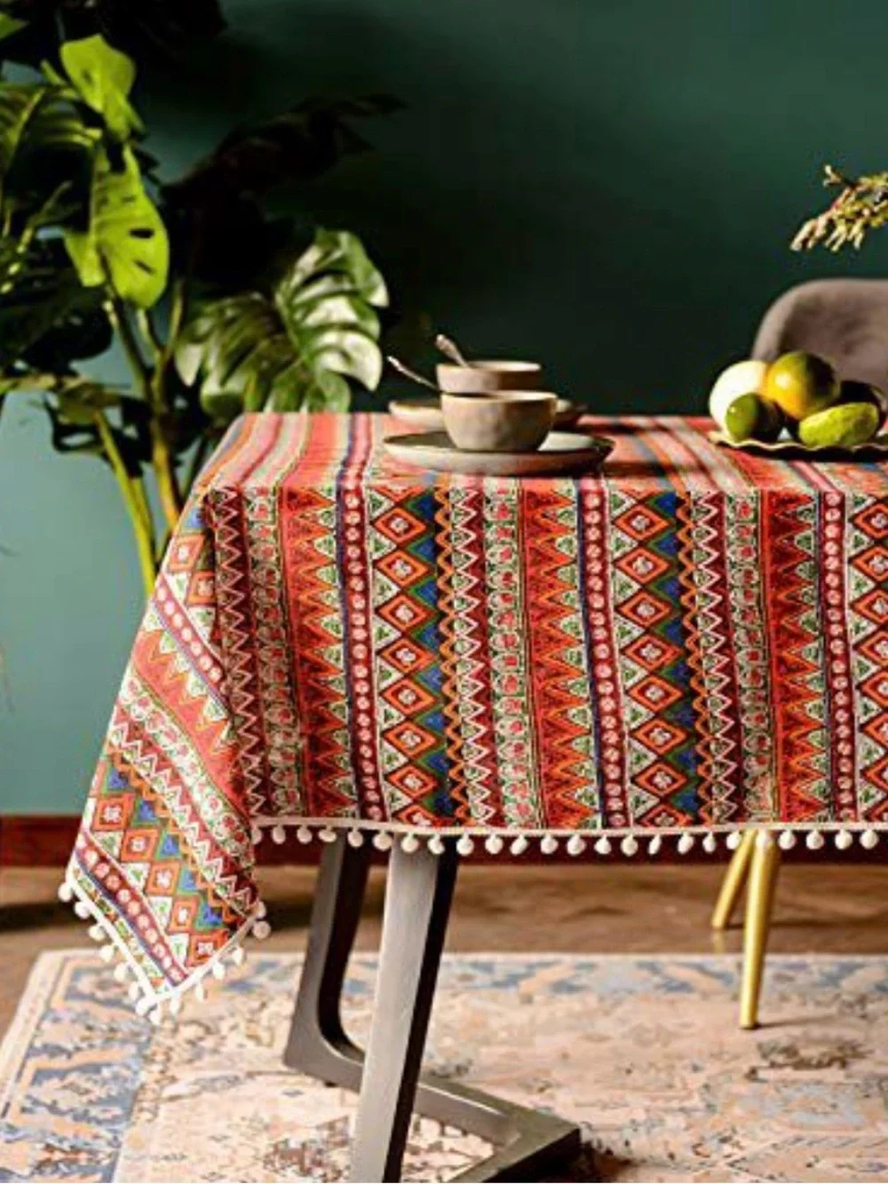 Bohemian Red Patterned Cotton Tablecloth with Pom Trim
